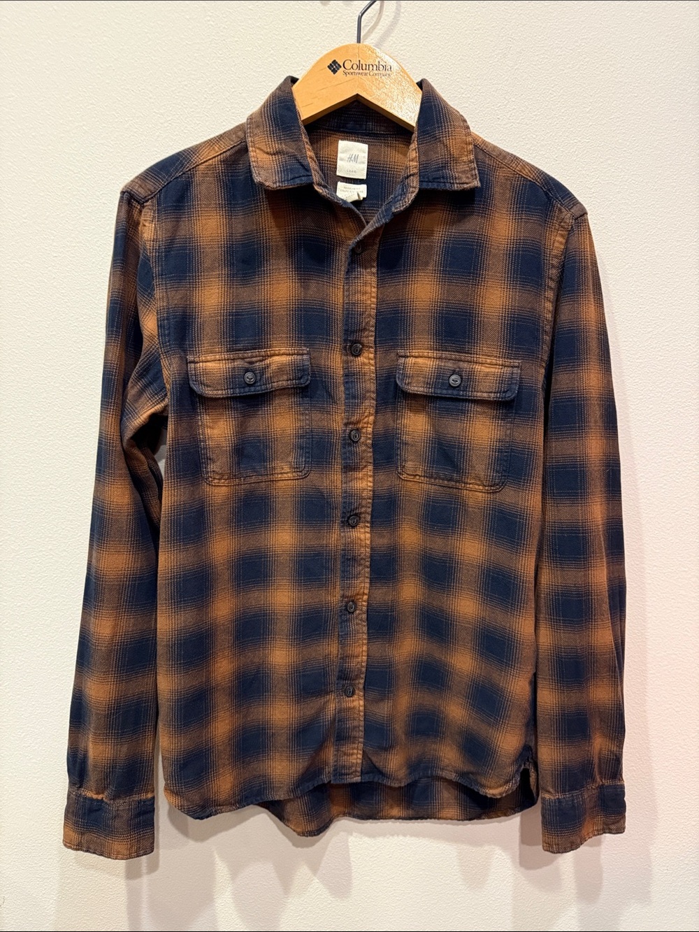 H&M Men's Navy and Brown Plaid Long-Sleeve Button Shirt